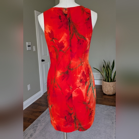 Vintage Joseph Ribkoff Floral Sheath Dress Orange Red Watercolor Print Size 8 - Picture 3 of 16